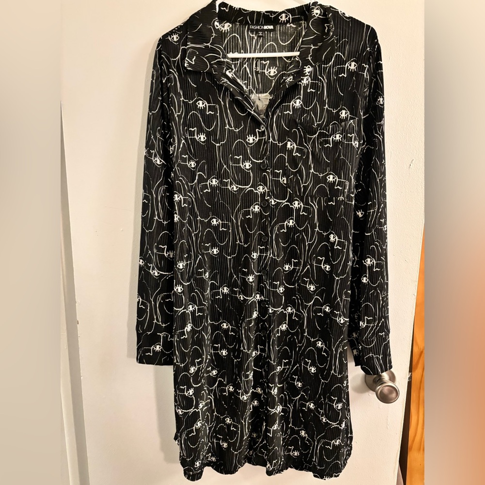 Fashion Nova 1X Black and White Long Sleeve Shirt Dress